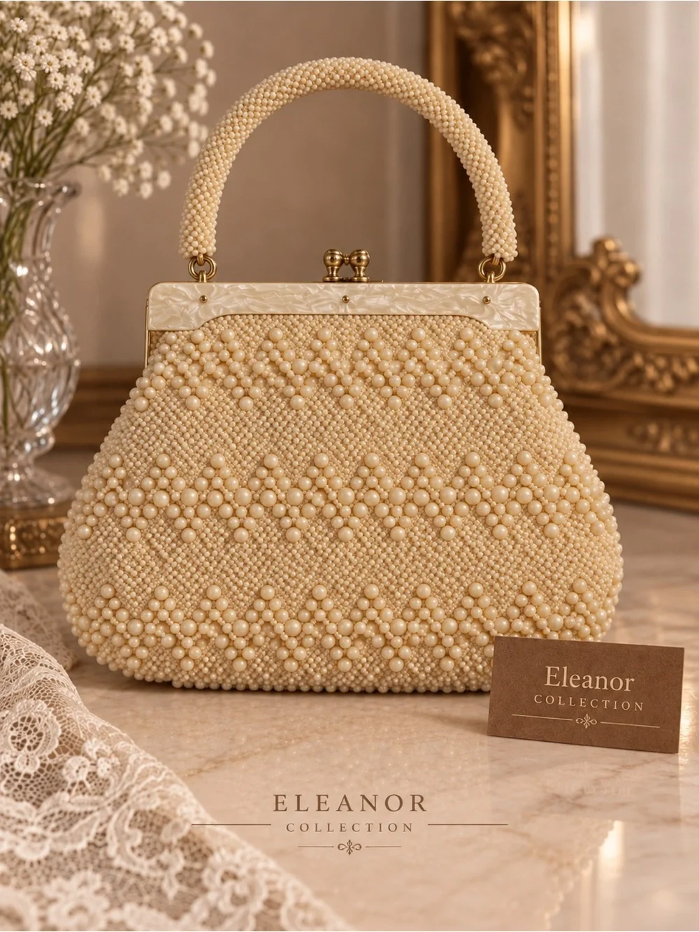 Vintage Hong Kong Beaded Evening Bag Ivory Pearl Top Handle Purse